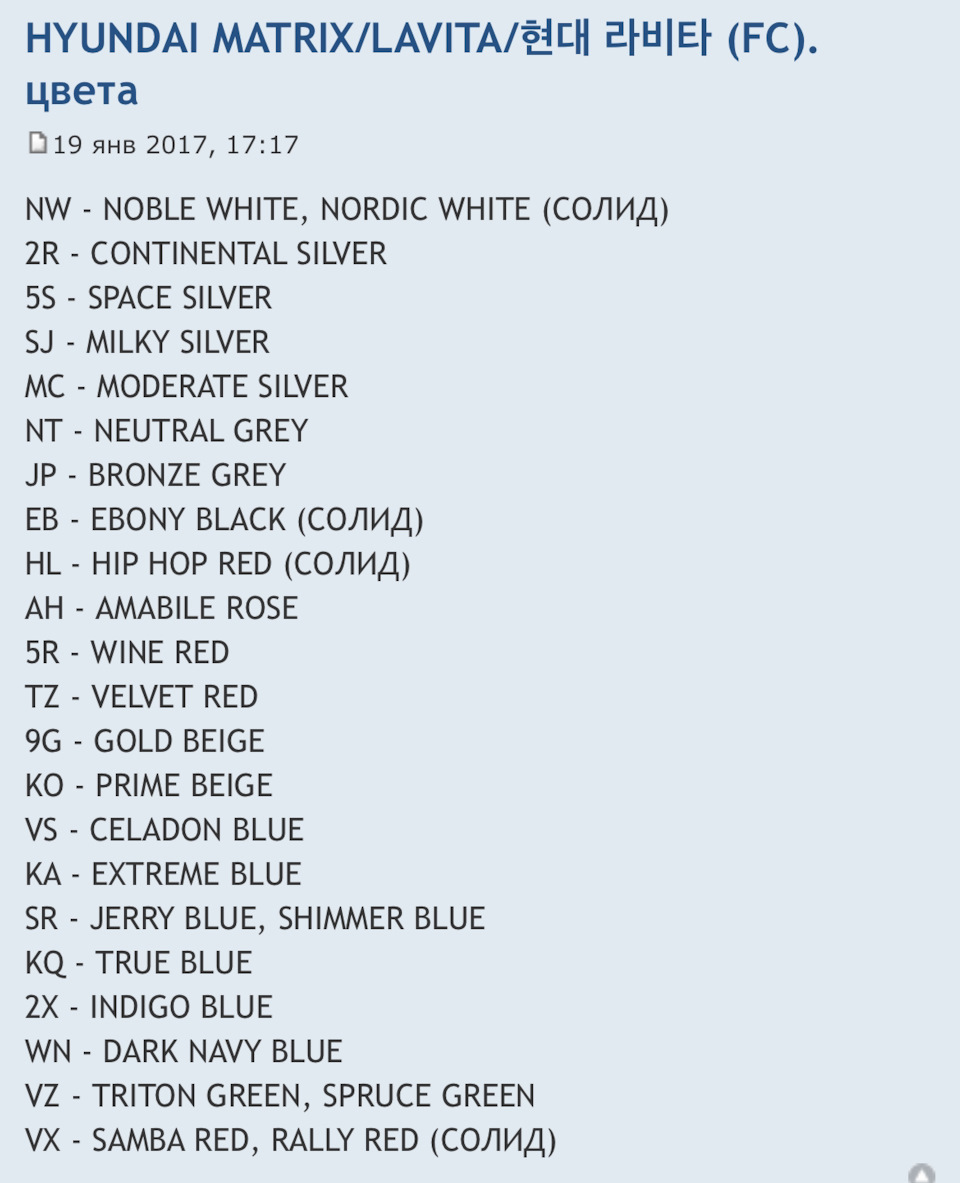 Хендай Матрикс расшифровка кодов краски — Hyundai Matrix, 1,6 л, 2008 года  | просто так | DRIVE2