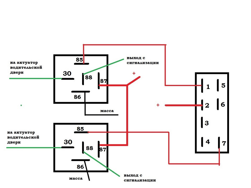 Схема подключения центрального замка через 2 реле
