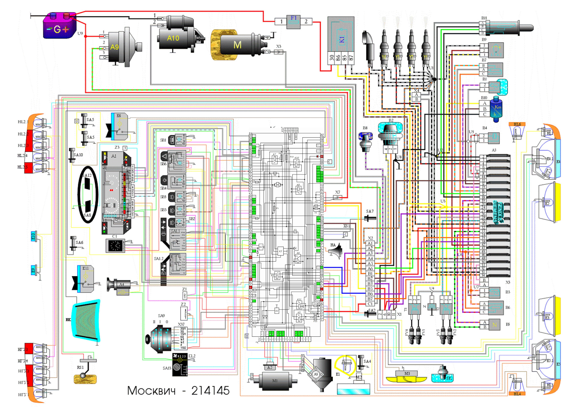 Цветные электросхемы. Схема электрооборудования АЗЛК 214145. Схема электрооборудования АЗЛК 2141. Москвич 2141 схема электрооборудования.