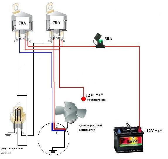 Схема подключения электровентилятора через реле и датчик температуры