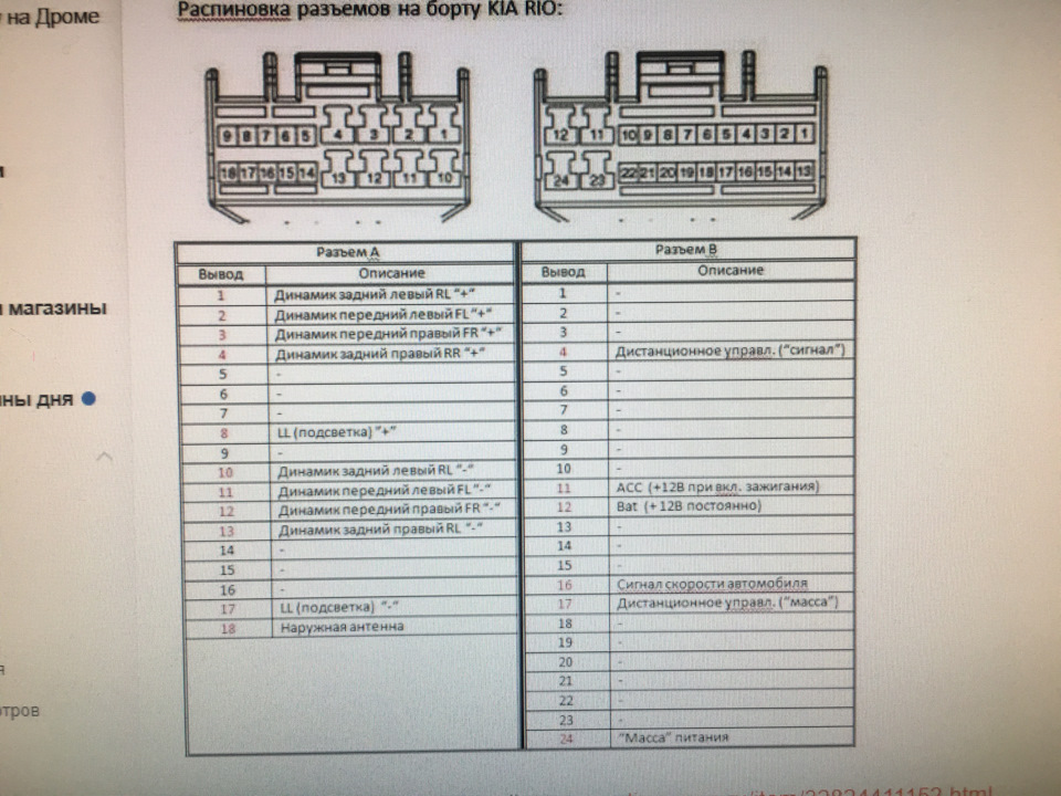 распиновка штатной магнитолы киа рио 3