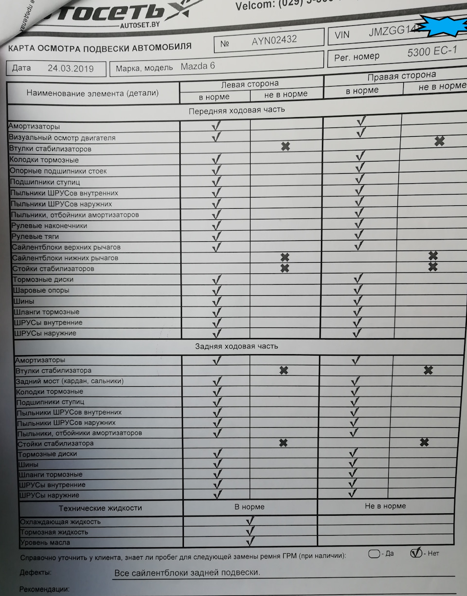 Лист диагностики ходовой части автомобиля образец