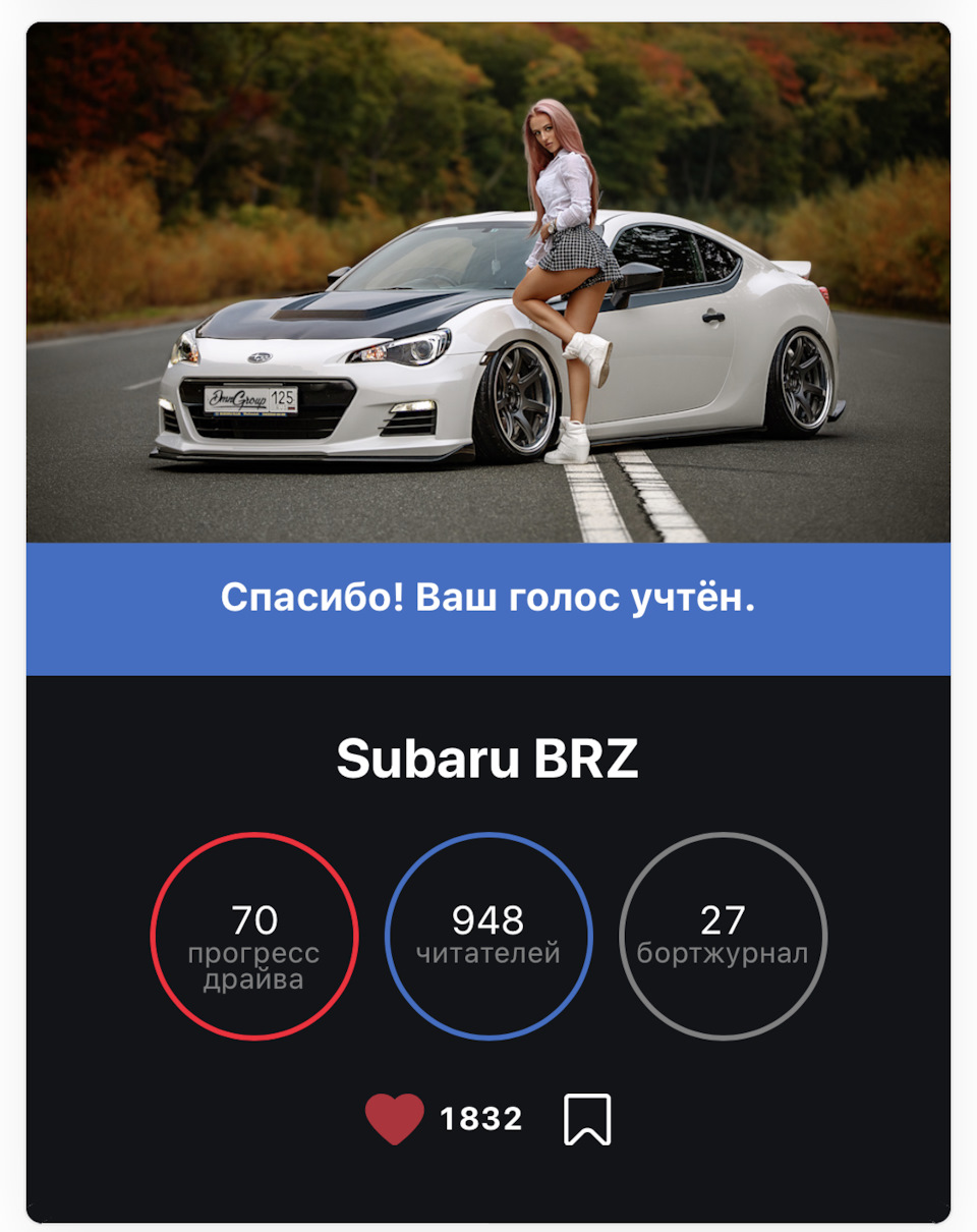 Выборы машины дня! — Subaru BRZ, 2 л, 2012 года | рейтинг и продвижение |  DRIVE2