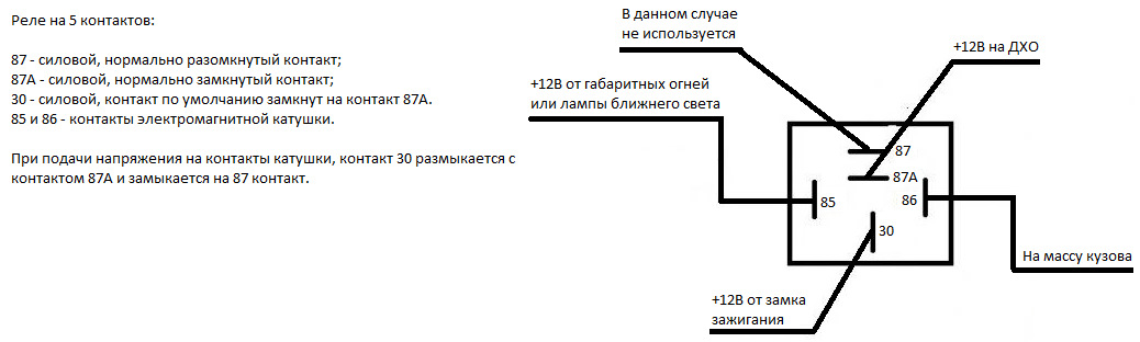 Схема реле 5 контактов 12 вольт подключения