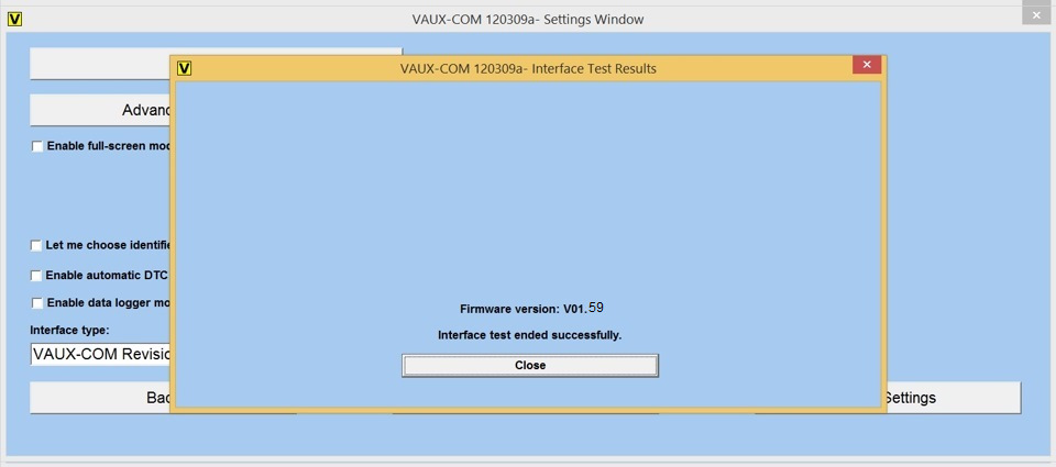 Запускаем VAUX-COM, settings и нажимаем тест интерфейса. 