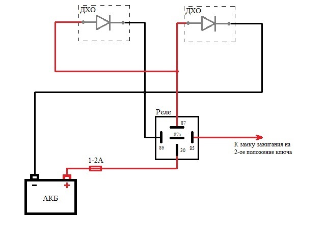 Дхо через генератор. Схема подключения противотуманок с ДХО. Подключить ДХО через реле. Реле ДХО ПТФ. Схема подключения светодиодных ДХО.