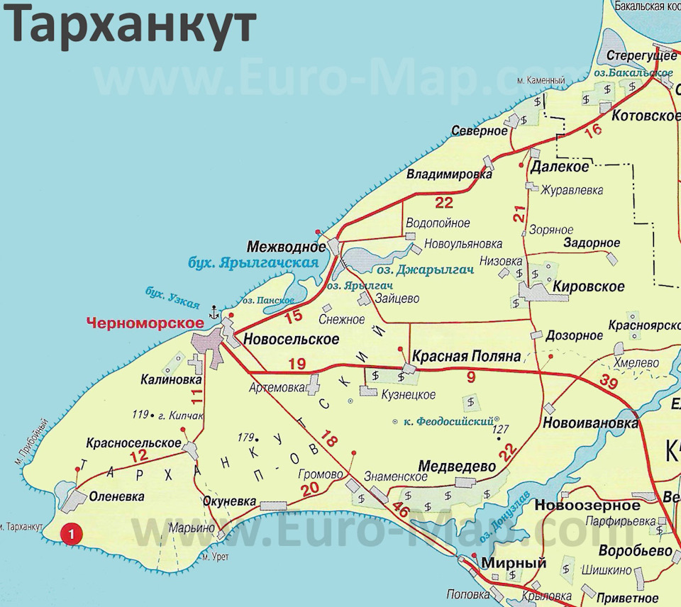 Тарханкутский полуостров на карте Крыма