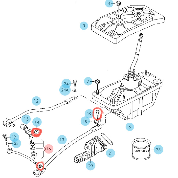 16 — рем.комплект (сухарь), 13 — тяга которую надо снять, то что красным обведено надо открутить. — Audi A4 Avant (B7)