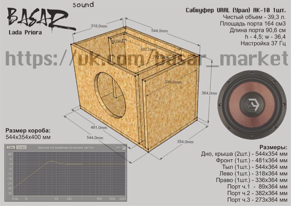 Чертеж короба под 10 сабвуфер на щели