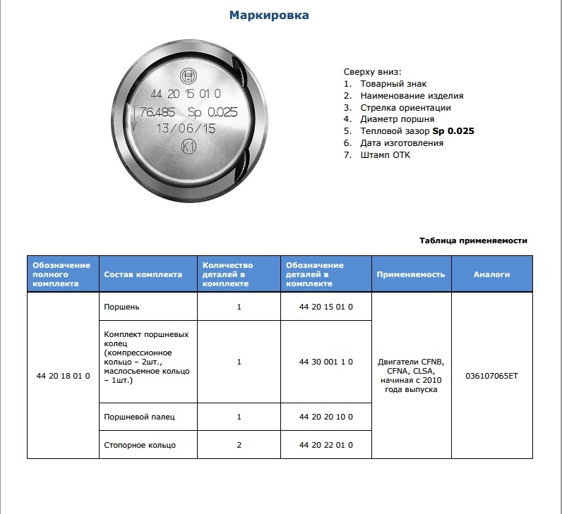 Обозначения на поршнях фольксваген