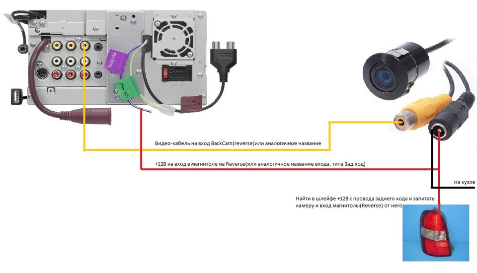 Подключение 2 камер к магнитоле. Схема подключения камеры заднего хода к автомагнитоле 2.