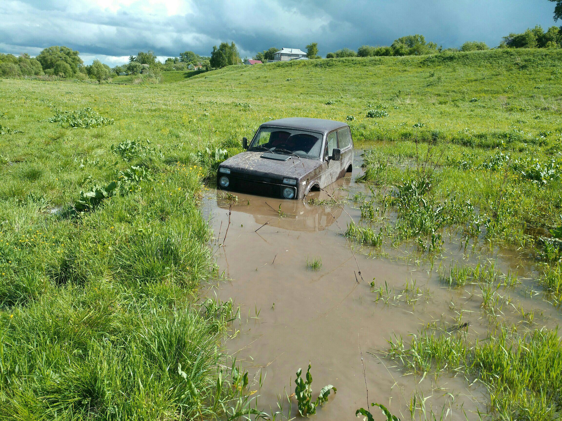 Зеленая нива едет под водой