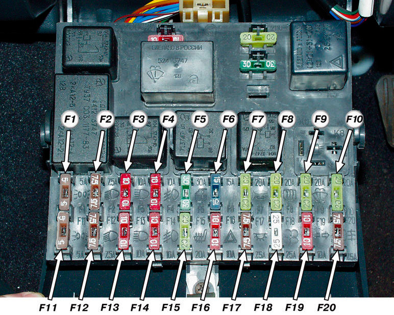 Расположение предохранителей и реле