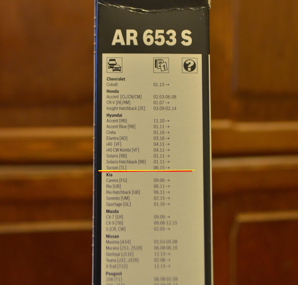 Щётки BOSCH: на оборотной стороне указана совместимость с Tucson (TL). — Hyundai Tucson (TL). Запчасти на фото: AR653S