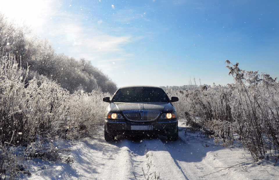 Чуть проехав вдоль посадки остановился, что бы осмотреться. В этот момент подул ветер и с деревьев начал облетать иней. Зрелище очень красивое, даже немного сказочное))) — Lincoln Town Car III