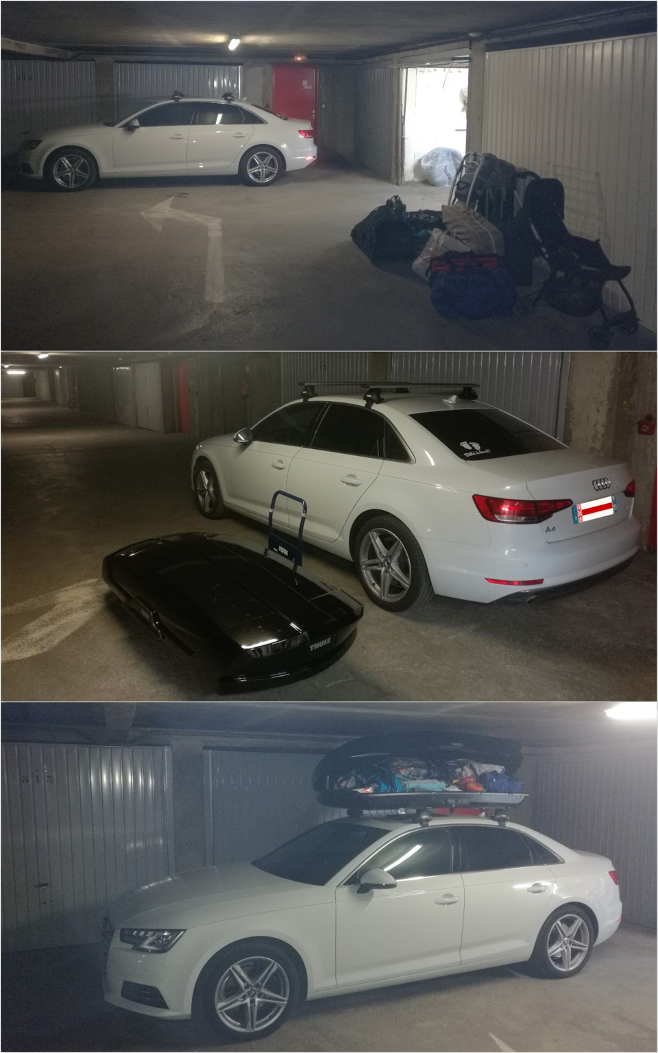 Вот это все влезло вон туда. Так как бокс я устанавливаю в одиночку, тележка-платформа Ferm была очень даже кстати. Но самое сложное – это был не подъем бокса на крышу, а многочисленные попытки захлопнуть крышку. Вещи приходилось перераспределять по нескольку раз. Закрытие срабатывает только при попадании всех трех защелок в пазы. В общем, после этих телодвижений пресс болел еще несколько дней. — Audi A4 (B9)