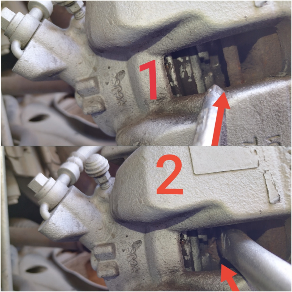 Пока всё прикручено, любым удобным, но крепким инструментом, вдавливаем поршень, т.е. упираясь в диск, давим на колодку, а она на поршень. Это делается без труда, отверстие для этого есть. — Opel Grandland X