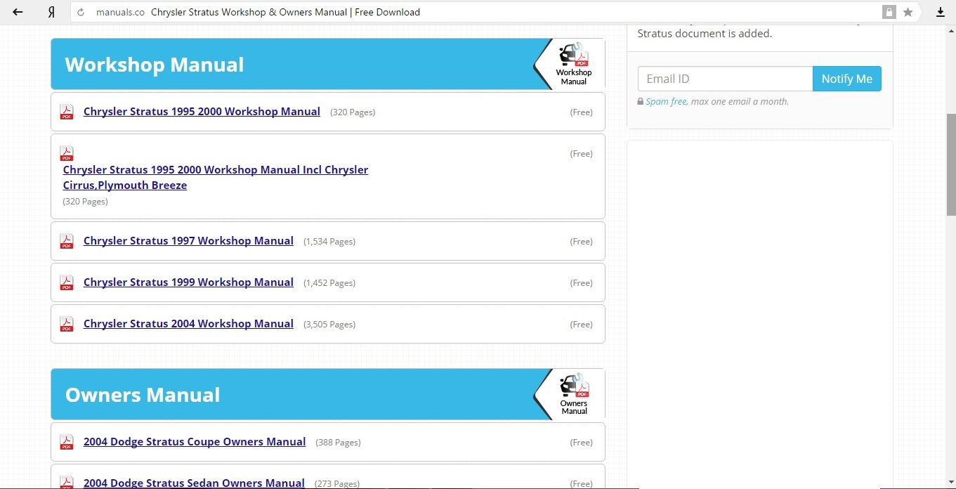 Список доступных Руководств для Chrysler Cirrus (Dodge Stratus, Plymouth  Breeze) 1995-2000
