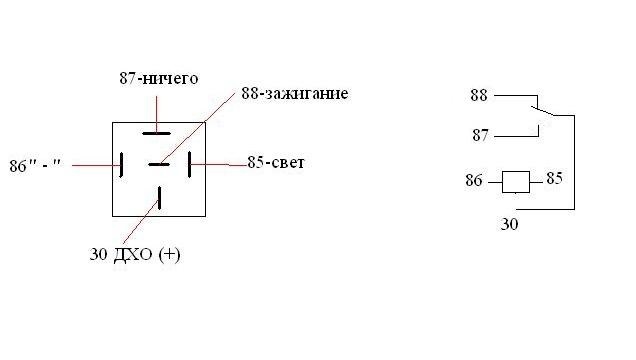 Схема подключения дневных ходовых огней через реле 4 контакта