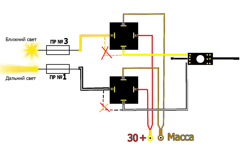 Не работает ближний свет фар. Схема подключения ближнего и дальнего света. Ауди 80 разгрузочное реле схема. Свет через реле МТЗ 80. Схема установки реле Ближний свет фар.