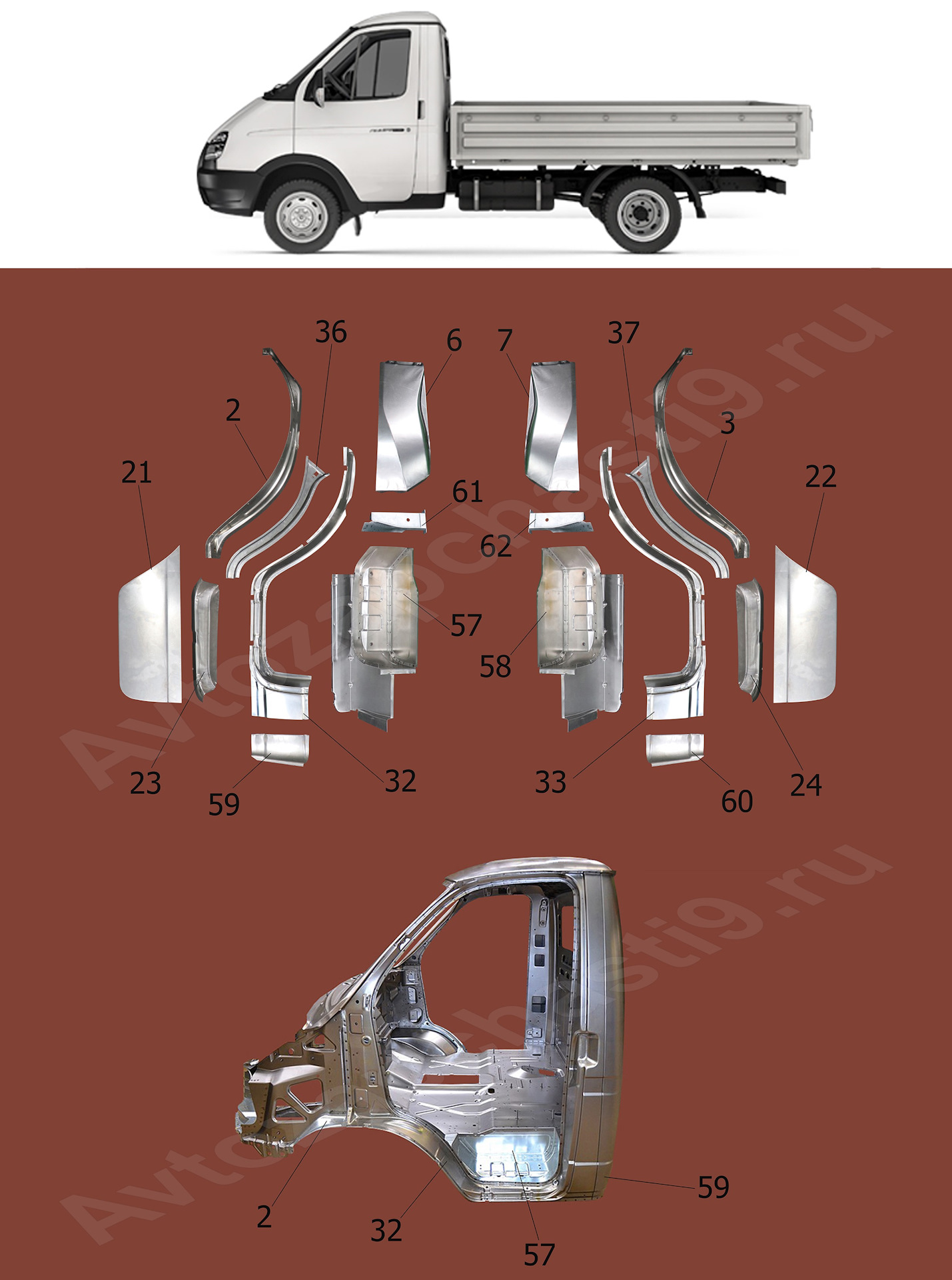 Кузовные детали кабины Газель 3302 схема