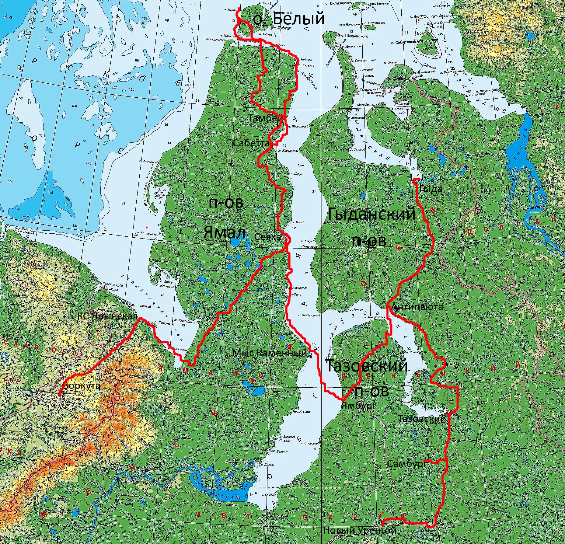 Гыданский полуостров на карте
