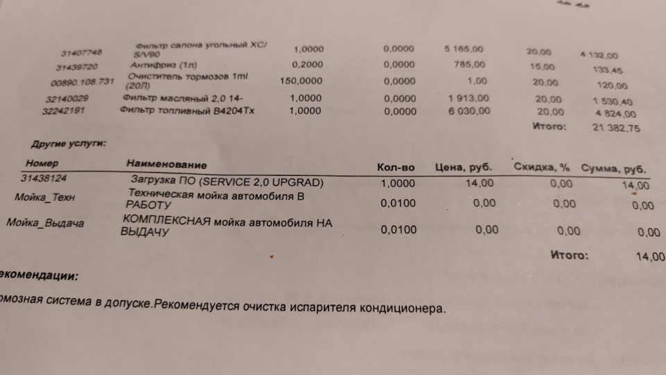 Счёт — Volvo V60 Cross Country (2G). Запчасти на фото: 31407748, 31439720, 32140029, 32242191, 78S00, Q0100