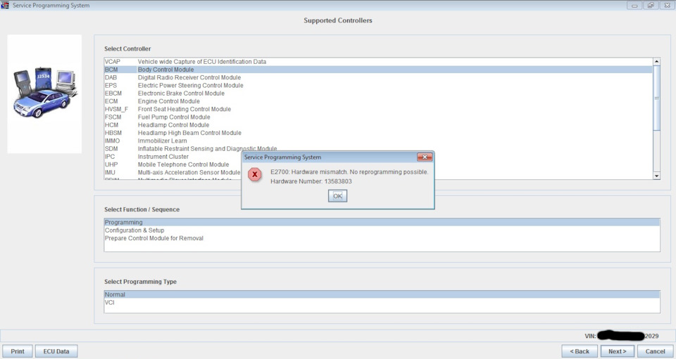 Несоответствие VIN и ревизии блока. Обычно возникает когда вводите VIN от другого автомобиля, а у него использовался блок другой ревизии — Opel Astra J
