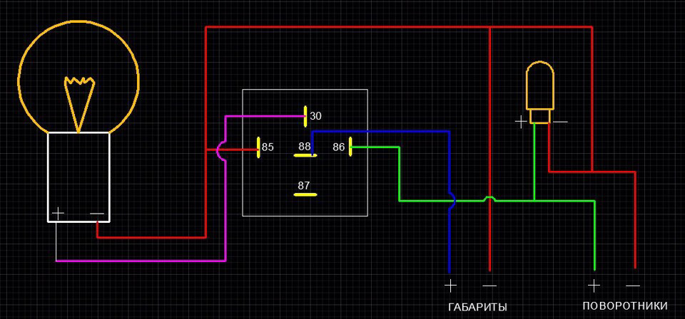 Подключить габариты. Схема моргания поворотников с габаритами. Габариты в поворотники. Схема подключения габаритов в поворотники. Американки и поворотники в одном схема.