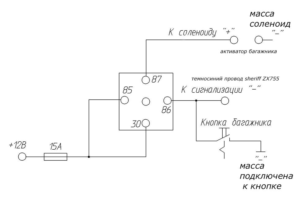 Схема подключения кнопки открытия багажника через реле