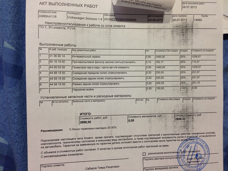 Общий ценник на работы, проведенные в ТТС — Volkswagen Scirocco (3G). Запчасти на фото: 0901485