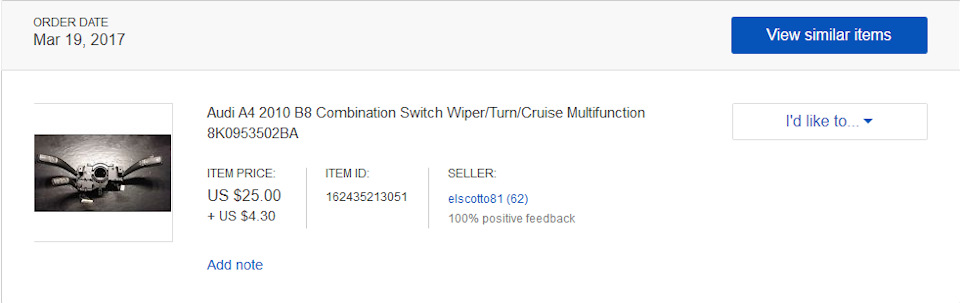 Скрин заказа с ebay — Audi A5 (1G). Запчасти на фото: A42010, 8K0953502BA