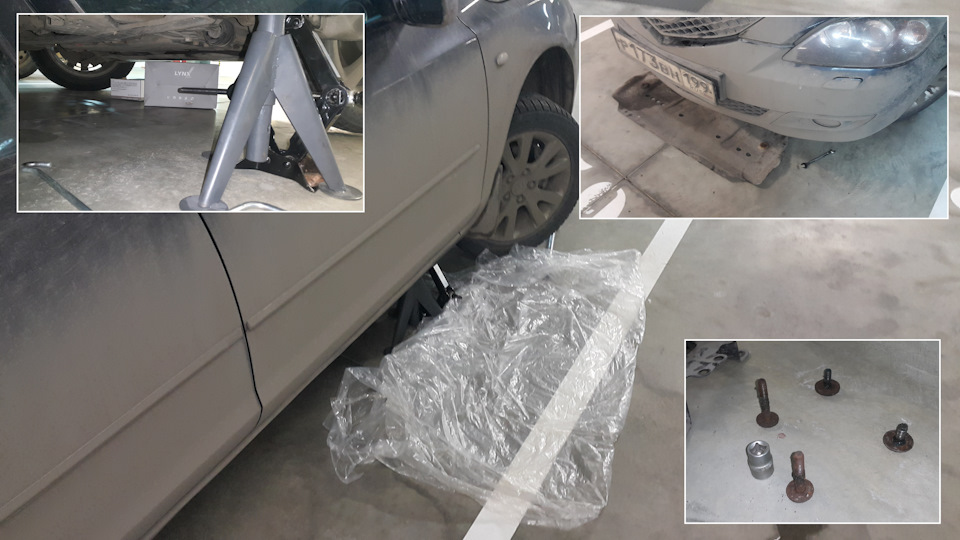 Пришлось устроить себе лежанку и поднять правую сторону, чтобы получить доступ к болтам. Так же использовал упаковку от опоры, чтобы поддержать защиту, когда она будет на 1-2 болтах висеть. — Mazda 3 (1G) BK