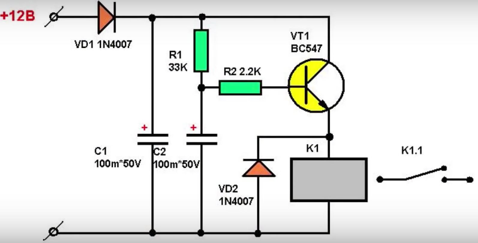 Схема задержки включения реле на 12 вольт на транзисторе