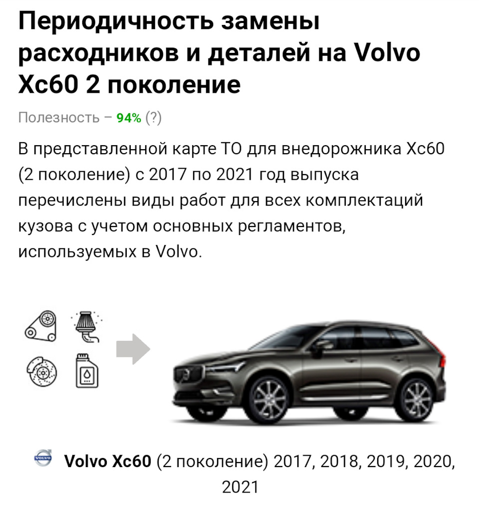 График ТО для заботливых — Volvo XC60 (2G), 2 л, 2020 года | плановое ТО |  DRIVE2