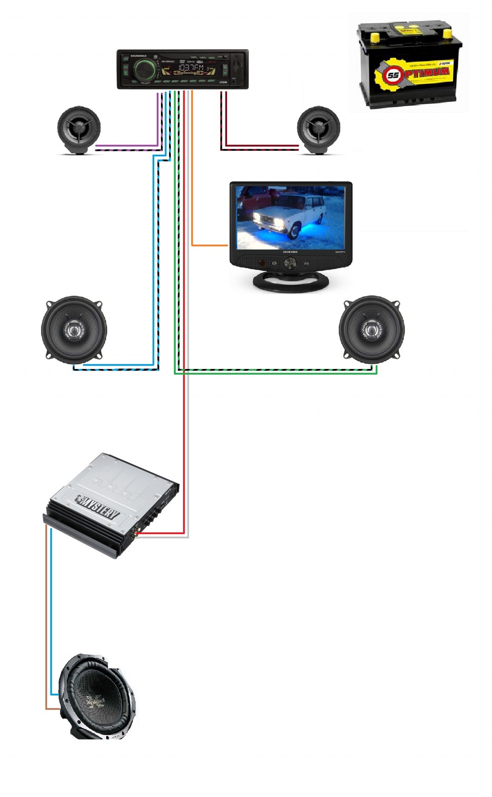 Схема подключения сабвуфера мистери со встроенным усилителем к магнитоле