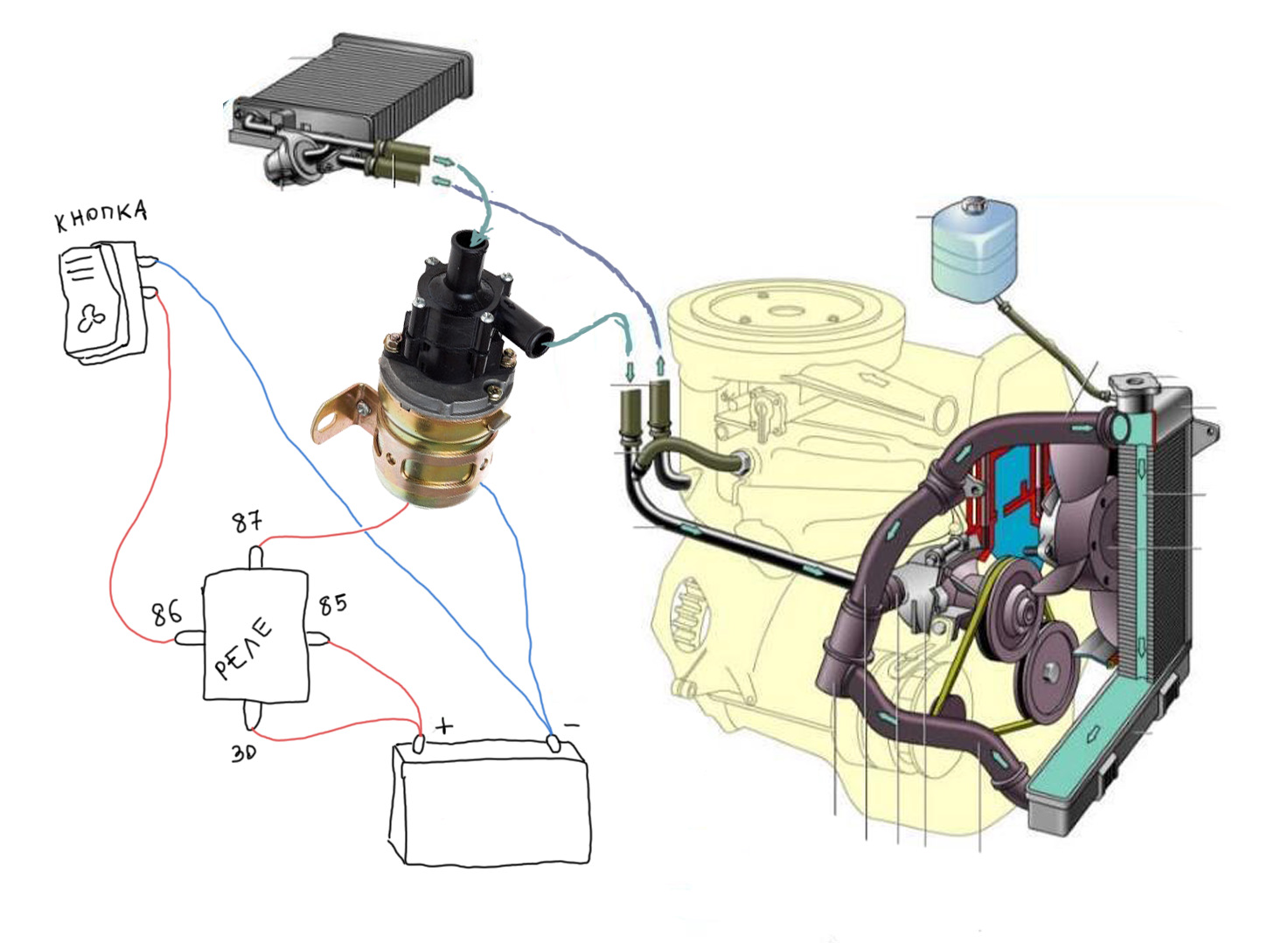 Насос газель схема подключения. Дополнительный насос отопителя на ВАЗ 2106. Дополнительная электропомпа Газель 402. Помпа доп охлаждения двигателя Газель. Доп.помпа на отопитель ВАЗ 2121.