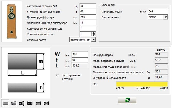 Расчет объема для динамиков. Диаметр диффузора сабвуфера 8 дюймов. Площадь порта для сабвуфера.
