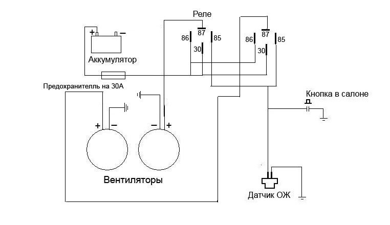 Схема подключения вентилятора охлаждения через реле и кнопку схема