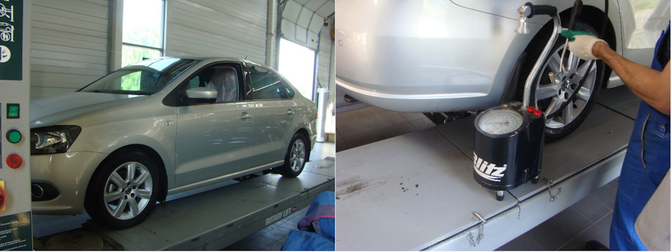 Загнали ПОЛИНКУ на диагностический стенд и первое что сделали — стравили лишний воздух с баллонов! Перед должен быть 2.0 атм, ЗАД — 1.8 атм. И бак должен быть заправлен не менее 75% от общего объёма! — Volkswagen Polo Sedan