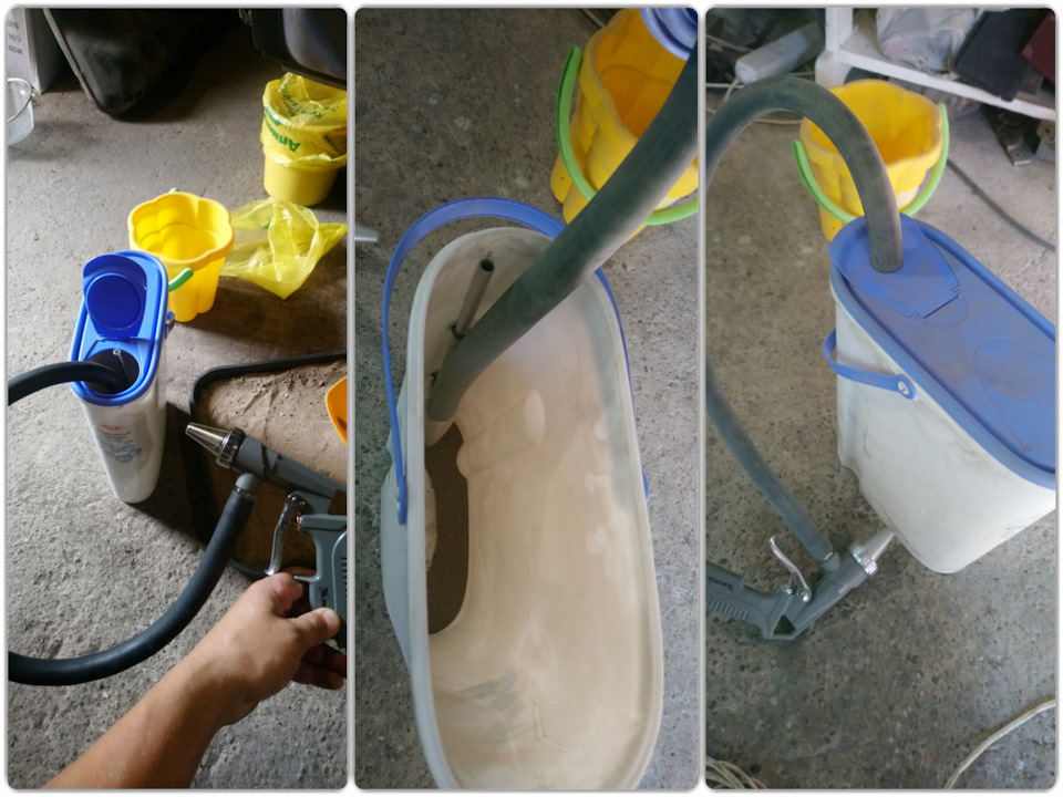 Пистолет Matrix с погружным шлангом. Плюс специально для него прикупил в Леруа Мерлен контейнер для порошка. Выставил шланг на нужную высоту, чтобы до дна оставалось 1-1,5 см, и зафиксировал стяжками. Получилась вот такая удобная штука. — Nissan Primera Wagon (W11)