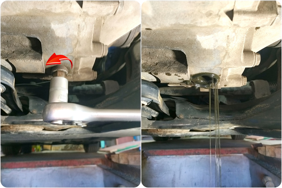 Шестигранником на 17 откручиваем сливную пробку и сливаем масло. — Skoda Octavia A7 Mk3