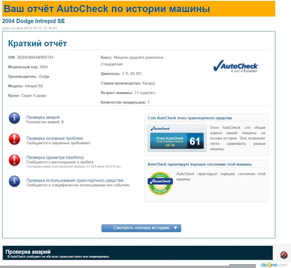Проверка по AutoCheckCARFAX — Dodge Intrepid II, 2,7 л, 2004 года |  наблюдение | DRIVE2