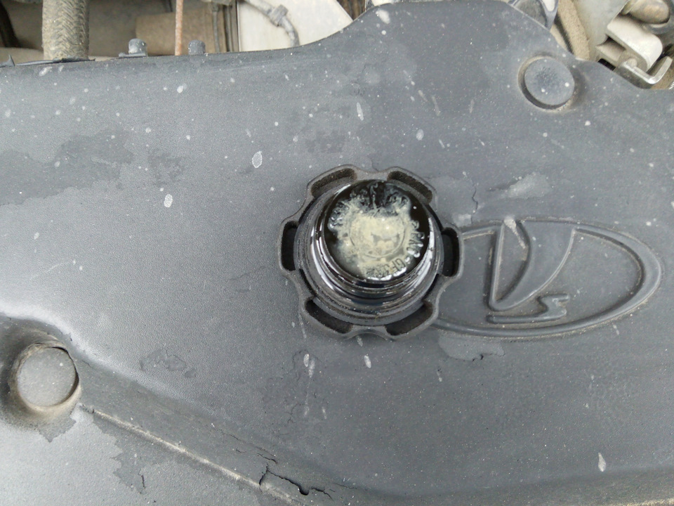 Кофе с молоком на крышке маслозаливной горловины — Lada Калина седан, 1 ...