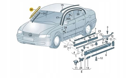 Направляющая молдинга лобового стекла — Volkswagen Passat B5, 1,8 л ...