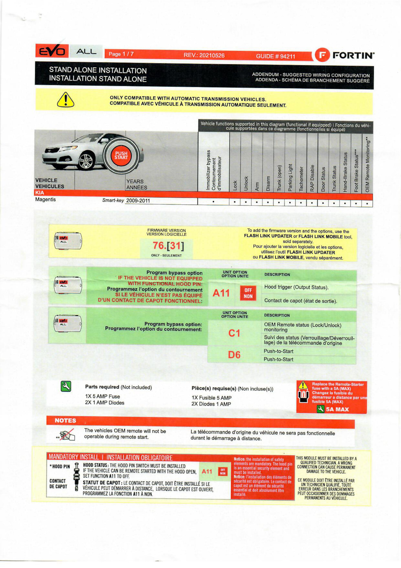 Автозапуск со штатного ключа Fortin EVO-ALL KIA Magentis 2010 — KIA ...