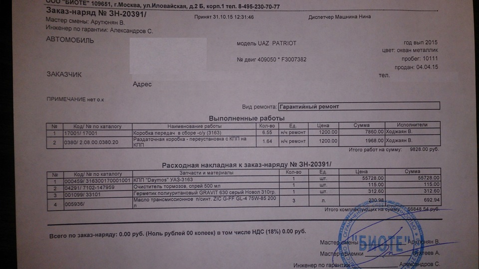 Заказ наряд на ремонт кпп образец