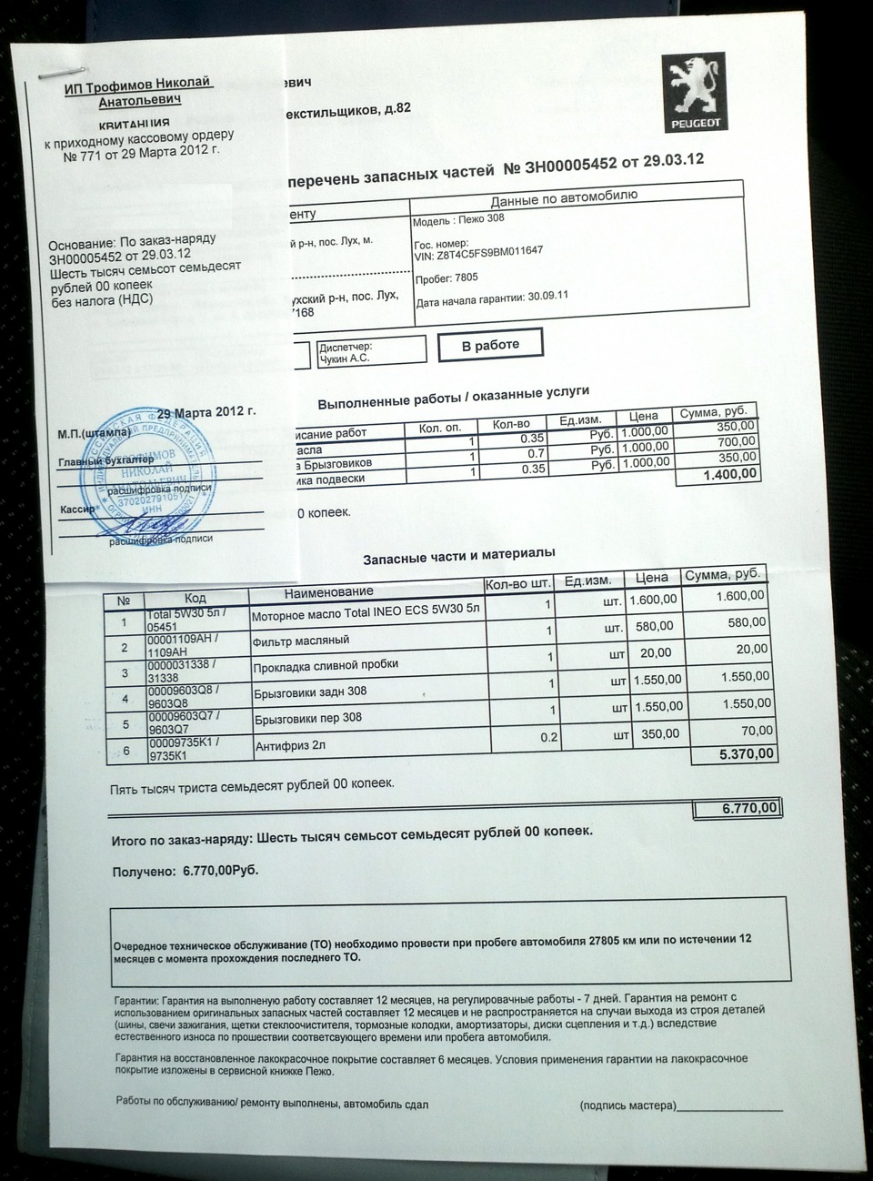 ТО-0: замена масла, брызговики, диагностика ходовой — Peugeot 308 (1G ...