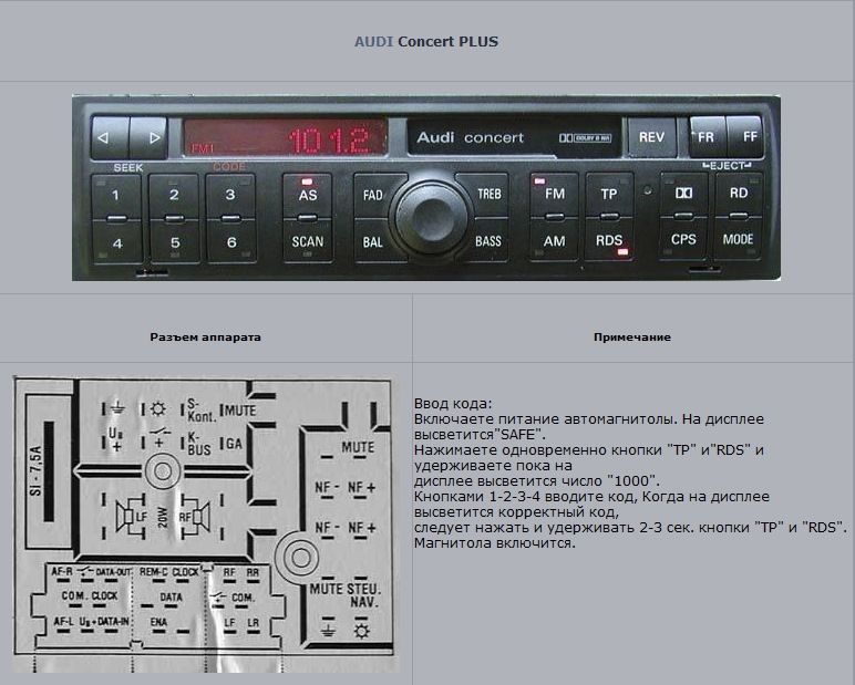 Ауди концерт магнитола схема подключения