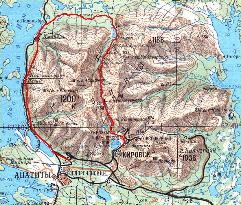 Где на контурной карте находятся горы хибины